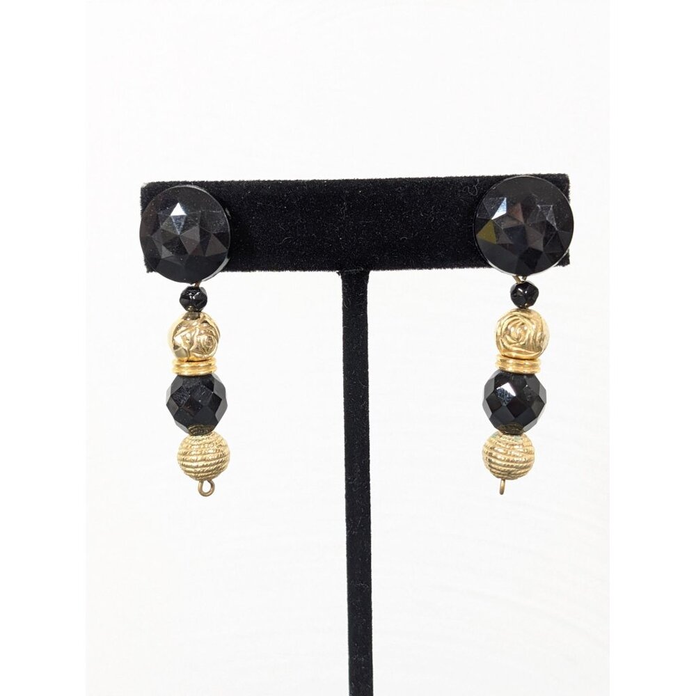 Vintage Gold Tone Rose Black Faceted Bead Stacked‎ Dangle Earrings Statement